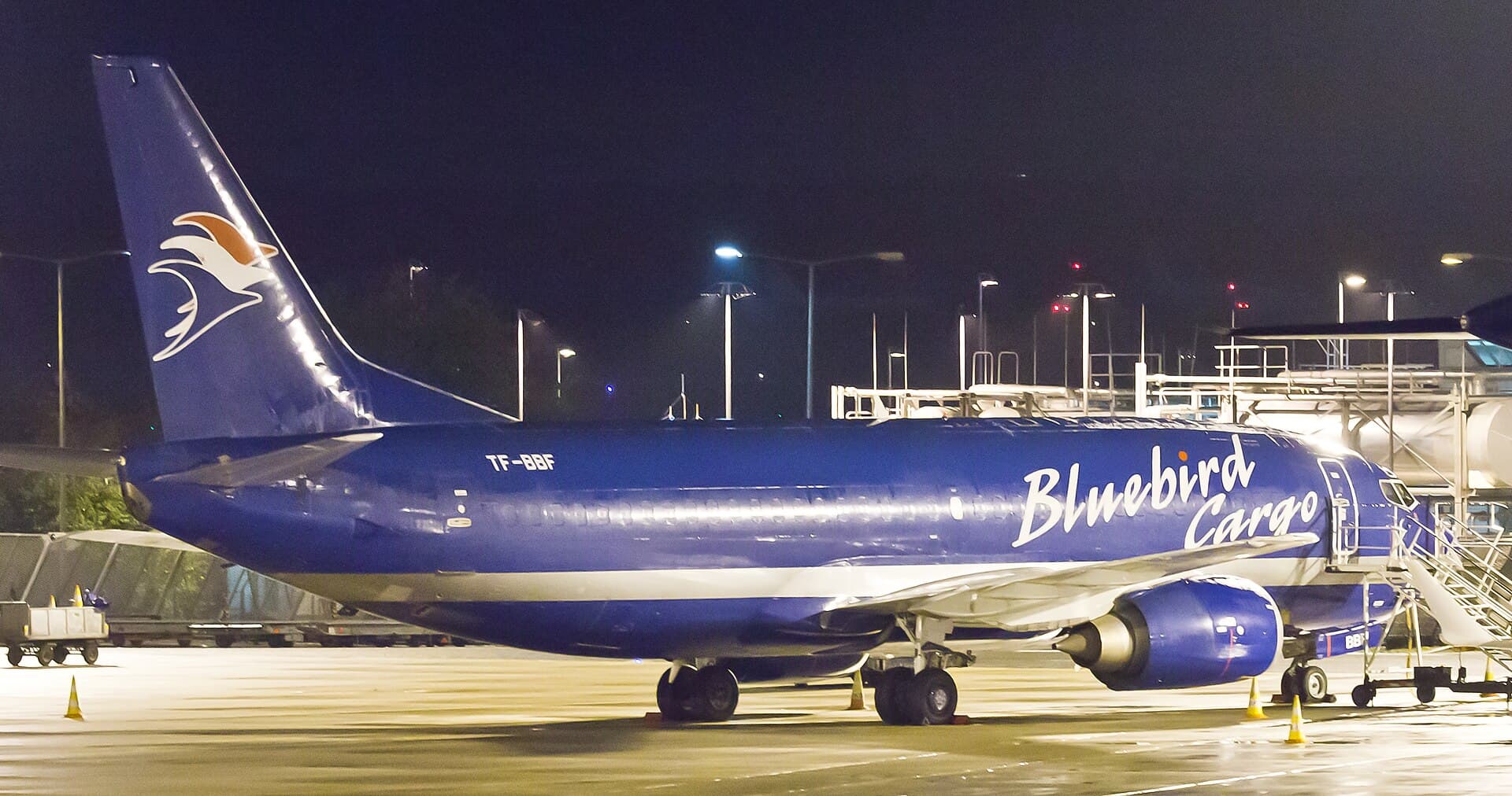 Cargo jet on the apron at night